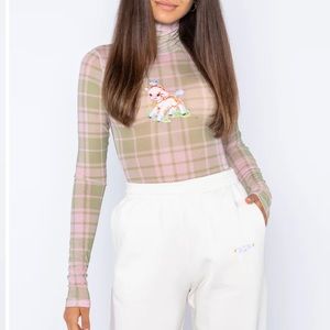 By Samii Ryan pink and green plaid lamb mesh bodysuit